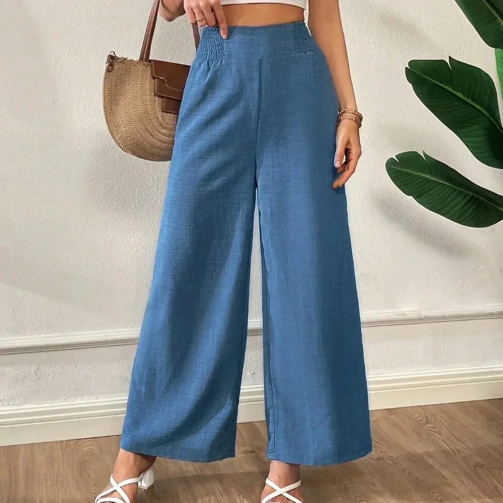 Blue Casual Women's High Waist Wide Leg Pants